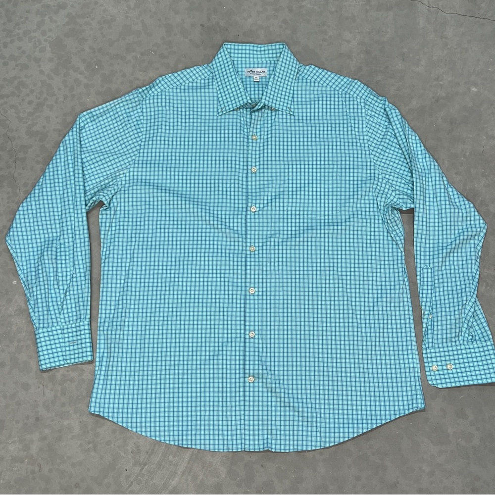 Peter Millar Summer Comfort Performance Shirt XL Blue Plaid Button Down